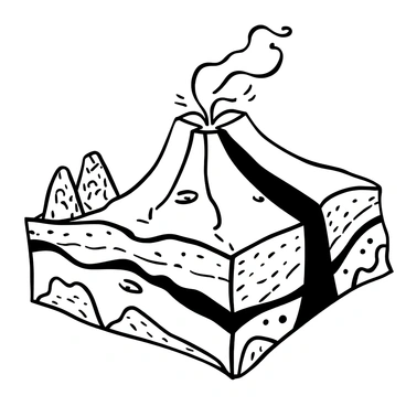 A cross-sectional view of a volcano, prominently featuring the "magma chamber" situated beneath the surface. The volcano displays distinct "layers of ash and hardened lava," illustrating the various geological formations. There are "vent openings" leading from the magma chamber to the surface. Surrounding the volcano, there are "rocky formations" and "earth layers" showcasing the structural composition of the earth.