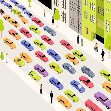 An aerial view of a bustling city street with colorful cars stuck in traffic