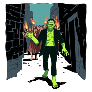 A green Frankenstein's monster with stitched scars and a distressed expression is running away through a narrow, dimly lit alley. The monster's large hands are raised in a defensive posture, and its feet are positioned as if in mid-stride, conveying urgency. Behind the monster, an angry mob of villagers is pursuing, holding flickering orange torches that cast dancing shadows on the alley walls. The alley is lined with weathered brick buildings, and the ground is damp, reflecting the light from the torches. The atmosphere is tense, with the monster's figure contrasting against the dark surroundings.