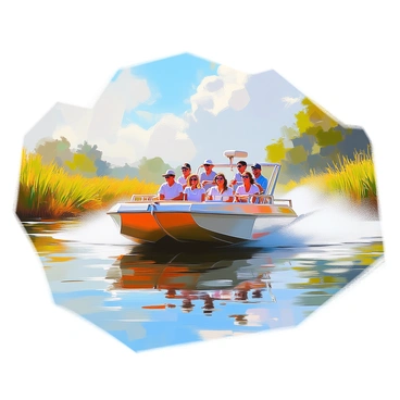 An airboat is gliding swiftly across a body of water, leaving a wake behind it. The boat is filled with several tourists, who are visibly excited, laughing, and enjoying the ride. Some of the tourists are wearing sunglasses and hats to shield themselves from the sun, while others are holding onto the sides of the boat. The surrounding environment includes lush greenery and tall grasses along the riverbanks, with a clear blue sky above. The sun casts vibrant reflections on the water’s surface, enhancing the lively atmosphere of the scene.