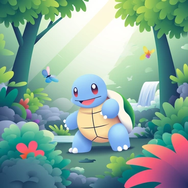A Squirtle with a light blue shell and a cheerful expression is exploring a dense rainforest. The Squirtle is standing on a bed of lush green foliage. Surrounding it are tall, thick trees with vibrant green leaves, and various exotic plants such as large, broad-leaved ferns and colorful flowers in shades of red, orange, and purple. Sunlight filters through the canopy above, creating dappled light patterns on the ground. In the background, a small waterfall cascades over rocks, and a few butterflies flutter nearby, adding to the lively atmosphere of the rainforest.
