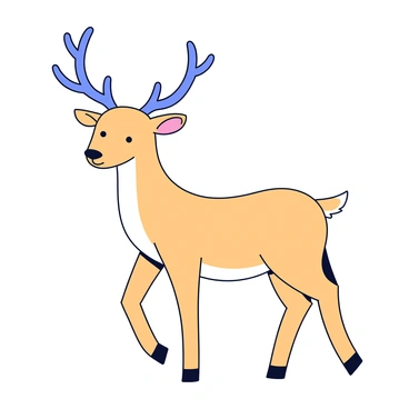 A deer standing poised on four legs. The deer has large, branching antlers that extend gracefully upwards. Its body is illustrated with simple, elegant lines that emphasize its form. The deer’s eyes are large and gentle, and its tail is small and round.
