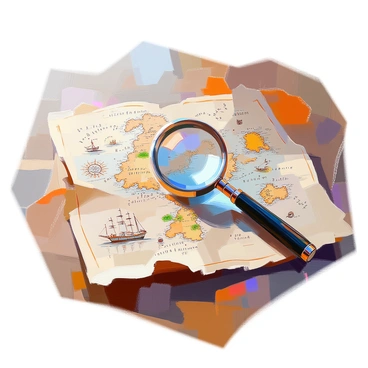 A loupe revealing tiny details on a vintage treasure map