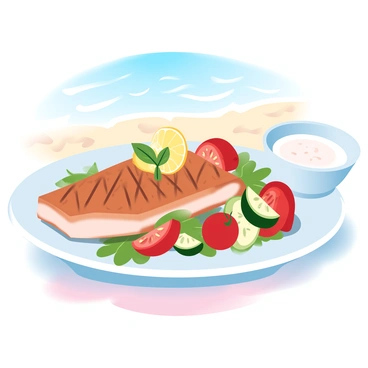 A mahi-mahi fillet is beautifully plated on a white ceramic dish, garnished with vibrant herbs and a slice of lemon. The fish has a golden-brown sear and is accompanied by a colorful medley of grilled vegetables, including red bell peppers, zucchini, and cherry tomatoes. To the side of the dish, a small bowl contains a light, tangy sauce. The background shows a beachside restaurant setting, with soft sand and gentle waves visible, while a clear blue sky creates a serene atmosphere.