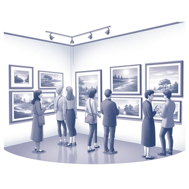 An art gallery interior showcasing a diverse range of student illustrations displayed on the walls. The illustrations include various themes and styles, with some featuring abstract designs, landscapes, and portraits. Several guests are present, standing in front of the artworks, examining the pieces with expressions of interest. Some viewers are discussing the illustrations with each other, while others are taking notes. Soft lighting highlights the details of each artwork, creating a focus on the creativity of the students. The gallery has a polished wooden floor and minimalist decor to enhance the viewing experience.