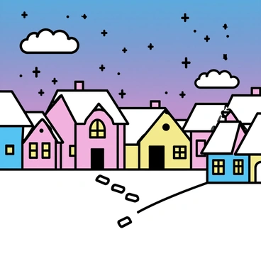 A village covered in a thick layer of snow, with houses arranged in a picturesque manner. Each house has warm yellow lights glowing in the windows, creating a soft, inviting ambiance. The sky is a gradient of deep blue and purple as dusk settles in, with a few clouds scattered above. Snowflakes gently fall from the sky, adding to the serene atmosphere. The ground is blanketed in pristine white snow, with small footprints leading toward the doorsteps of the houses.