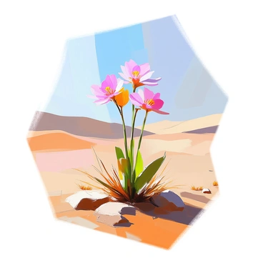 A vibrant freesia plant with delicate, multicolored flowers is unexpectedly blooming in a vast desert landscape. The freesia stands out against the arid backdrop, its green stems contrasting with the sandy earth. Surrounding the plant are scattered patches of dry grass and small rocks, typical of the desert environment. In the distance, gentle rolling dunes rise under a clear blue sky, creating a striking juxtaposition with the bright blossoms of the freesia, which exude life and color amidst the stark surroundings.