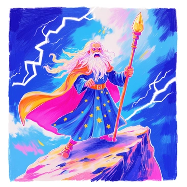 A wizard with a long white beard and an angry expression is standing firmly on a rocky cliff. He is wearing a deep blue robe adorned with silver stars. In his right hand, he is waving a tall wooden staff topped with a glowing crystal. Dark, swirling clouds fill the stormy sky above him, illuminated by flashes of lightning. The wind is blowing fiercely, causing his robe to billow dramatically around him. The scene captures a moment of intense energy and power.