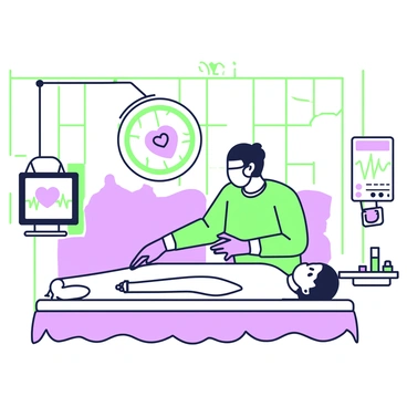 A surgeon in a surgical gown and mask is performing a heart procedure on a patient lying on an operating table. The surgeon is focused, using a scalpel in their right hand while the left hand holds back tissue. Surrounding the operating table is an array of medical equipment, including monitors displaying vital signs and a tray with surgical instruments. The room is bright, with overhead lights illuminating the scene, and there are sterile drapes covering the area around the patient. The walls are tiled, and large windows allow light to enter the room.