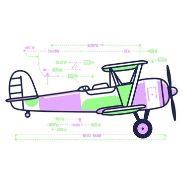 A detailed blueprint of an early aircraft design is laid out on a white background. The aircraft has a biplane structure, featuring two stacked wings and a streamlined fuselage. Various technical annotations are scattered throughout the blueprint, marked with a fine green and purple outline. These annotations include labeled measurements, showing the wingspan and length of the fuselage, as well as key components such as the propeller and landing gear. A sectional view of the aircraft is shown on the side, offering insight into the internal structure. The blueprint is meticulously detailed, showcasing the craftsmanship involved in early aviation design.