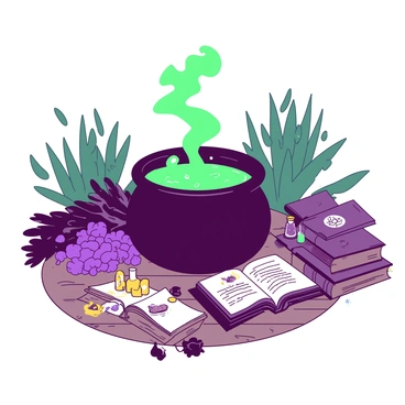 A green bubbling potion is simmering in a black cauldron, with bright steam rising from the surface. Surrounding the cauldron, there are various mystical ingredients scattered on a wooden table. There are clusters of dried herbs in vibrant purple, sparkling crystals gleaming in shades of yellow, and small glass vials filled with colorful liquids. A few ancient-looking books with worn pages are open nearby, their illustrations depicting arcane symbols. In the background, shadows of enchanted plants loom, adding to the magical atmosphere.