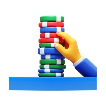 A towering stack of colorful poker chips arranged in a precarious balance. The stack includes chips in various colors such as red, blue, green, and white. A player's hand, with fingers gently supporting the top chip, is positioned near the stack, showcasing a sense of concentration and skill. The background features a slightly blurred table surface, enhancing the focus on the poker chips and the player's hand.