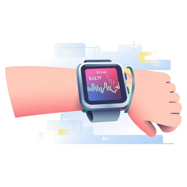 A sleek, metallic wearable gadget is fastened to a wrist. The device has a glossy finish with a wide display screen that shows fluctuating heart rate data in vibrant colors. The heart rate is represented by a series of dynamic waveforms and numerical values that change in real-time. The wrist is adorned with a stylish bracelet, and the skin tone of the wrist is light with a few visible veins. In the background, there are subtle hints of a modern, high-tech environment, emphasizing the advanced nature of the gadget.