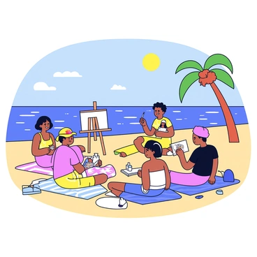 A group of artists gathered on a sandy beach in Sentosa, Singapore. They are seated on colorful beach blankets, surrounded by art supplies such as paints, brushes, and sketchbooks. Some artists are painting on easels while others are drawing in their notebooks. In the background, the calm sea sparkles under the bright sun, and a few palm trees gently sway in the warm breeze. One artist is capturing the scenic view of the ocean while another is sketching a nearby group of friends enjoying the beach.
