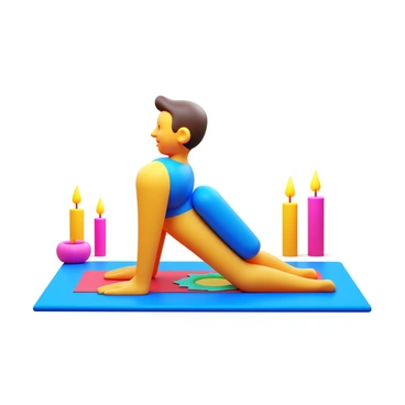 A yogi in a knee plank position on a colorful yoga mat. The mat features vibrant patterns. Around the yogi, there are several candles of different sizes, with flickering flames illuminating the space. The yogi is focused, demonstrating balance and strength, with a calm expression. The background is softly blurred to emphasize the yogi and the candles.