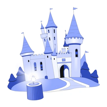 A fairytale castle stands majestically on a hilltop, with tall, pointed turrets that reach towards the sky. The castle is adorned with intricate stone carvings and has large arched windows. In the foreground, there is a magical switch positioned on a wooden pedestal, glimmering with an otherworldly aura. When activated, it casts a soft glow that illuminates the turrets, highlighting their details and creating a captivating visual effect. Surrounding the castle, there are lush trees and a winding path leading up to the entrance, enhancing the enchanting atmosphere of the scene.