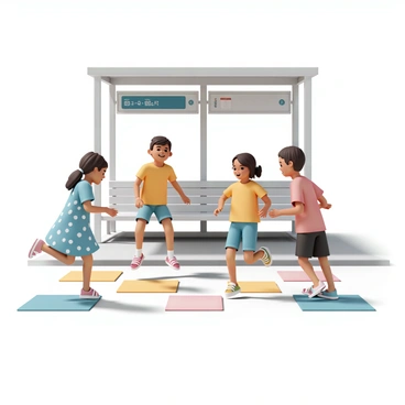 A group of three children, two girls and a boy, are playing hopscotch at a bus stop. One girl is wearing a blue dress with white polka dots and pink sandals, while the other girl has on a yellow t-shirt and denim shorts, with colorful sneakers. The boy, dressed in a red t-shirt and black shorts, is standing on one leg, preparing to jump. A large bus shelter is in the background, with a few benches and a timetable display. The sun is shining brightly, and the pavement is marked with colorful chalk hopscotch squares. The children are smiling and laughing as they take turns hopping and counting.