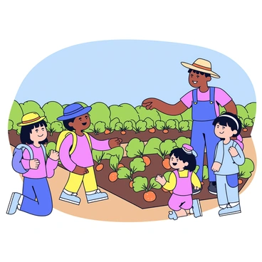 A group of children with diverse appearances, wearing colorful hats and backpacks, are exploring a sweet potato farm. In the foreground, a friendly farmer with a straw hat is smiling, pointing towards a patch of sweet potato plants with green leaves and orange tubers peeking out from the soil. The children are engaged and curious, some kneeling down to examine the plants closely, while others are standing and listening intently to the farmer. The background features a clear blue sky and rows of greenery stretching across the farm.