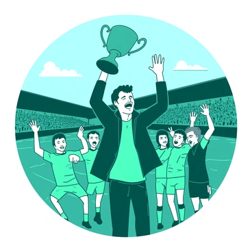 A teal trophy cup with a shiny surface is being held high by a joyful coach standing in the center. The coach, wearing a navy jacket and a wide smile, is surrounded by a group of players wearing matching teal jerseys. Each player is striking a celebratory pose, some with arms raised in excitement. The background shows a grassy field with a stadium filled with cheering fans, all under a clear blue sky. The atmosphere is filled with joy and triumph as the team celebrates their victory.