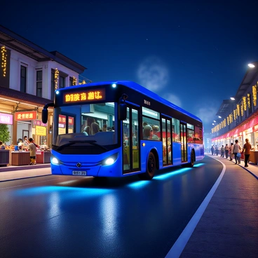 A new bus with a sleek, modern design, featuring glowing LED lights along its sides. The bus is painted in a vivid blue color, reflecting the bright illumination from the surrounding city lights. It is in motion, passing through a bustling night market filled with colorful stalls. The market is adorned with strings of fairy lights and vibrant banners, showcasing various goods and food items. People are seen shopping and enjoying the lively atmosphere, with steam rising from food stands and laughter filling the air. The night sky is deep blue, with stars faintly visible above.