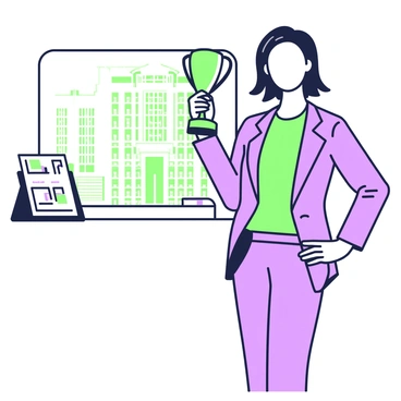 A proud architect with medium-length hair is standing confidently, holding a green building design award in front of a backdrop that displays a large architectural model of an innovative green building. The award is prominently featured in her right hand, glinting under the light. She is dressed in a smart, tailored outfit, consisting of a structured blazer and a fitted blouse. Her left hand rests on her hip, showcasing her confidence. The model of the building behind her has clear defined lines and represents energy-efficient features, such as large windows and green rooftops. On the display stand to the left, there are architectural plans and sketches related to the building design.