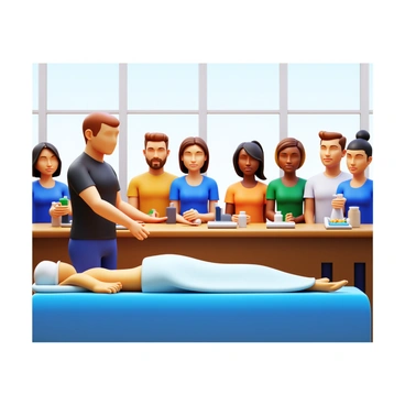 A sports massage therapist demonstrating techniques on a model during a workshop. The therapist is wearing a fitted black T-shirt and athletic pants, showing focus and concentration. The model is lying on a massage table, covered with a light blue sheet. The room is well-lit with large windows letting in natural light, and there are various massage oils and tools arranged neatly on a nearby table. Participants in the background are observing attentively, with some taking notes or recording the demonstration. The expressions on their faces show interest and engagement.