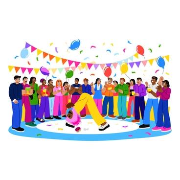 A vibrant carnival setting filled with colorful decorations and bright lights. In the center, a limbo performer is bending backward under a low bar, wearing a colorful costume adorned with feathers and sequins. A crowd of excited people surrounds the performer, cheering and clapping, with some holding snacks and drinks. Colorful banners and balloons float above, adding to the festive atmosphere. The ground is decorated with confetti, creating a lively and cheerful scene.