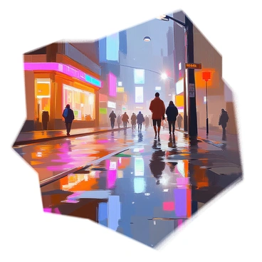 A city street at night, illuminated by the soft glow of streetlights and the vibrant colors of neon signs. A large puddle on the pavement captures the distorted reflections of the buildings and lights above, creating a mosaic of shapes and colors. Raindrops continue to fall, creating ripples across the surface of the puddle. Shadows of passersby can be seen moving along the wet street, their forms merging with the reflections in the water. The scene conveys a sense of urban life in the rain, with glimmers of light dancing across the puddle's surface.