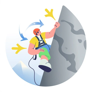 A rock climber wearing a bright orange helmet and a harness is scaling a rugged cliff face. The climber has short black hair and is focused, with a determined expression while reaching for a rocky handhold. The cliff is textured with gray and brown hues, showcasing various crevices and protrusions. Above the climber, arrows in bright yellow indicate the force of "gravity" pulling downwards, while arrows in blue show the force of "tension" from the climbing rope connected to the harness. The background features a clear blue sky and hints of distant mountains in the far background.