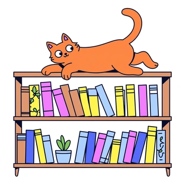 A cat with a sleek, orange coat is perched on a wooden bookshelf. The cat has wide, curious eyes and its tail is upright, indicating its excitement. The bookshelf is filled with a variety of colorful books, each with different sizes and shapes. Some of the books have bright covers featuring illustrations that are predominantly inky. The shelves are also adorned with small potted plants, adding a touch of greenery to the scene.
