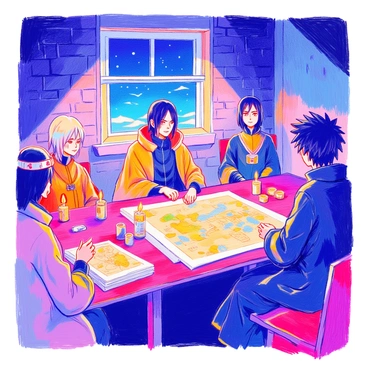 Itachi Uchiha is seated at a large wooden table in a dimly lit hideout. He is wearing his signature Akatsuki cloak, his expression calm and focused. Around him are other Akatsuki members, each showcasing their unique clothing and features. The room has stone walls and a few flickering candles casting shadows. Maps and scrolls are spread out across the table, indicating their plans. A window shows the night sky outside, adding to the mysterious atmosphere.