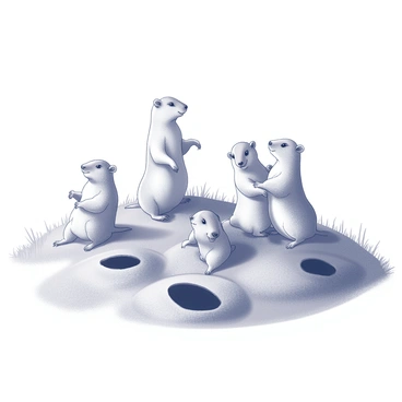 A family of prairie dogs is emerging from their burrows in a field. Several prairie dogs are positioned on the grassy terrain, with their heads and upper bodies visible above the ground. The burrows are scattered around them, with some prairie dogs playfully overlapping as they rise. The setting is bright, showcasing the open expanse of the field, dotted with patches of grass and the shadows cast by the prairie dogs. Each prairie dog has distinctive features, including their rounded ears and curious expressions, as they survey their surroundings.