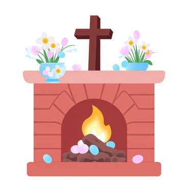 A cozy hearth with a warm brick surround is decorated for Easter. Above the mantel, a wooden cross is prominently displayed, adding a sense of reverence to the scene. Colorful spring flowers, including daffodils and tulips, are arranged in a decorative vase on the mantel. Several pastel-colored eggs are nestled among the flowers, enhancing the festive atmosphere. A gentle glow from the fire in the hearth creates a welcoming ambiance in the room.