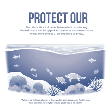 A poster design that displays a vast, clean ocean stretching across the image. Gentle waves lap at the shoreline, creating a peaceful scene. In the foreground, a variety of marine life, such as fish, sea turtles, and coral reefs, are depicted in intricate detail, showcasing the richness of ocean biodiversity. Above this vivid underwater scene, the bold text reads "Protect Our Oceans" in a prominent, eye-catching font. Additional text below conveys a powerful message about the importance of safeguarding marine life and their habitats, framed by the imagery of the ocean.