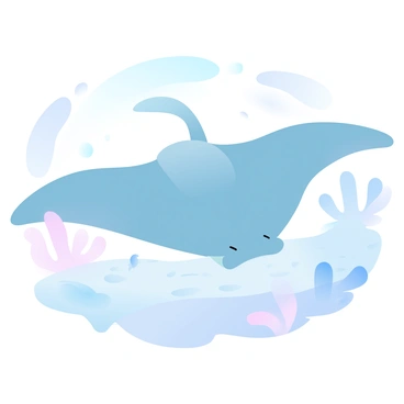 A manta ray gliding gracefully above a sandy seabed in shallow tropical waters. The manta ray has a wide, flat body and elegantly extended fins, casting a subtle shadow on the ocean floor below. Surrounding the manta ray are small fish swimming around, their bodies reflecting the gradient pastel colors of the water. Sunlight filters through the surface, creating shimmering patterns on the sandy seabed and illuminating patches of coral in the background. The scene conveys a tranquil underwater environment.