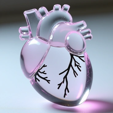 A human heart, crafted entirely from translucent crystal, rests on a smooth surface. The heart's intricate details are highlighted as it catches the light, creating a spectrum of colors that dance across its surface. The translucent nature of the crystal allows the internal facets and textures to be visible, adding depth and interest to the piece. The overall shape is anatomically accurate, with veins and arteries delicately etched into the crystal, enhancing its realistic appearance.