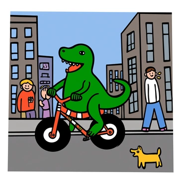 A T-Rex with green scales and a big smile on its face is riding a colorful bicycle. The T-Rex's tiny arms are gripping the handlebars while its large feet are pedaling the bike. The city street is bustling with tall buildings, some with large windows, and a clear blue sky overhead. There are a few people on the sidewalk looking surprised and amused at the sight of the T-Rex on a bicycle. A small dog is barking excitedly nearby, adding to the lively atmosphere of the scene.
