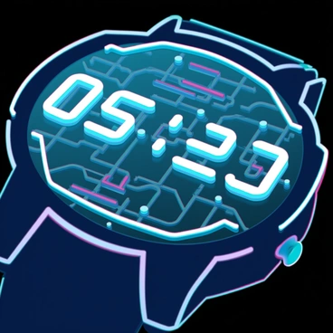 A close-up view of a digital watch face displaying a vibrant, illuminated time readout in glowing numbers. The watch face features intricate electromagnetic circuits, with metallic lines and nodes visibly connecting the components underneath a transparent cover. The circuits have a blue and silver sheen, reflecting light in a way that highlights their complexity. The background is dark, enhancing the contrast and brightness of the watch face and circuits, creating a high-tech appearance.