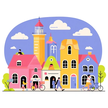 A whimsical cartoon town filled with exaggerated, colorful buildings of various shapes and sizes. There are tall, spiraling towers with oversized windows and curved rooftops, painted in bright hues of pink, blue, and yellow. The streets are lined with quaint houses that have unique features like oversized doors and windows, with colorful flowers in the front yards. Animated characters with large expressive features stroll along the sidewalks. Some characters wear cheerful outfits, while others ride quirky bicycles. The sky above is a vibrant blue with fluffy, oversized white clouds.