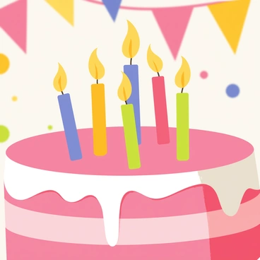 A close-up of a birthday cake with layers of pink frosting and white decorations. The cake has multiple candles of different colors standing upright on top, each with flames gently flickering. The background features a soft blur of colorful party decorations, enhancing the festive atmosphere.
