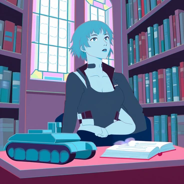 A tank girl with short, tousled hair and wearing military-style attire sits comfortably in an old library. She is surrounded by towering shelves filled with numerous books, their spines worn and dusty. Sunlight filters through stained glass windows, casting colorful patterns on the wooden floor. On the table in front of her, a detailed mini tank model rests beside an open book. The girl is engrossed in her reading, her expression focused and contemplative. The atmosphere is filled with the scent of aged paper and leather, creating a nostalgic ambiance.