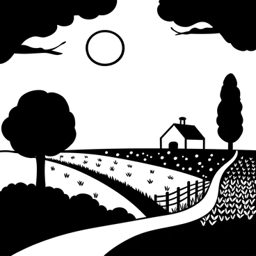 A large harvest moon in a clear sky, radiating light across a tranquil countryside landscape. Silhouetted trees stand against the moonlit backdrop, their branches gently swaying in a light breeze. A vast field stretches out, with rows of crops neatly aligned under the soft illumination of the moon. In the distance, a peaceful farmhouse sits, its outline defined by the glow from the moon. A winding path leads through the landscape, creating a sense of serenity in the night.