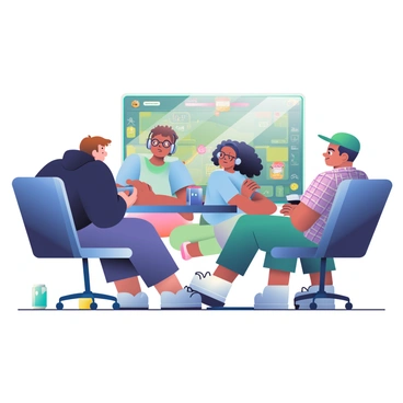 A group of four gamers is intensely focused on a strategy video game displayed on a large screen. One gamer, with short brown hair and wearing a black hoodie, is leaning forward in his chair, gripping a gaming controller tightly. Next to him, a gamer with glasses and a blue t-shirt is intently watching the screen with wide eyes. Another gamer, who has curly black hair and is wearing headphones, is sitting cross-legged, tapping her fingers on the table anxiously. The fourth gamer, sporting a green baseball cap and a plaid shirt, has a determined expression as he strategizes with his teammates. The room is dimly lit, with the glow of the screen illuminating their focused faces. Various gaming paraphernalia and energy drink cans are scattered around the table.