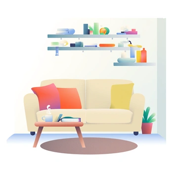 A cozy corner of a garage features a small, soft beige couch positioned against the wall, adorned with decorative throw pillows in warm colors. Below the couch, a textured area rug in muted earth tones adds comfort to the space. In front of the couch, a wooden coffee table holds a steaming mug and an open book, inviting relaxation. The garage walls are painted in a light, neutral color, and there are shelves above the couch filled with various tools and decorative items, enhancing the cozy atmosphere. A small potted plant sits on the coffee table, adding a touch of greenery to the space.
