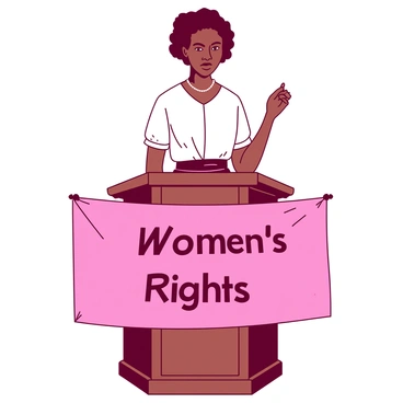 A pink banner with the words "Women's Rights" is draped across the front of a polished wooden podium. Sojourner Truth stands confidently behind the podium, dressed in a white blouse and a dark skirt. She has an intense expression, with her right hand raised as if emphasizing a point. The background features a simple, muted setting that allows focus on her powerful presence and the message of the banner. Her hair is styled in a way that reflects her historical period, adding authenticity to the scene.