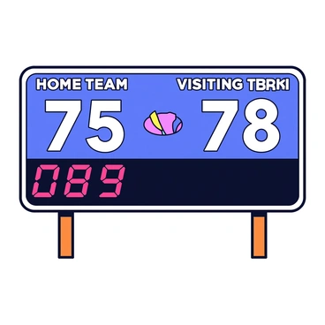 A scoreboard with a digital display showing the teams' names at the top. The left side of the scoreboard displays the home team's score as "75" in large, bold numbers. The right side shows the visiting team's score as "78" in the same size. Below the scores, a digital timer indicates "00:10" in bright red numbers. The scoreboard is mounted on a wooden structure, and a few colorful banners are visible around it.