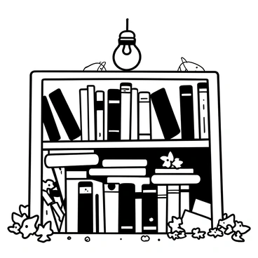 A dusty shelf filled with old, unused books arranged haphazardly. The spines of the books are worn and faded, with some titles barely legible. Cobwebs hang between the books and the shelves, adding to the neglected atmosphere. The floor beneath the shelf is strewn with fallen leaves and small debris, suggesting long neglect. A single flickering light bulb hangs above, casting shadows across the scene.