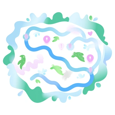 A vibrant map showcasing a jungle expedition is illustrated with winding river routes depicted in blue. Various animal icons are scattered throughout the map, including a monkey, a parrot, and a jaguar, each represented in bright colors. Tribal areas are marked with unique patterns and symbols, emphasizing cultural diversity. The background features lush green foliage, suggesting the dense vegetation of the jungle. Additionally, small hills and mountains are outlined in a lighter green shade, adding depth to the landscape.