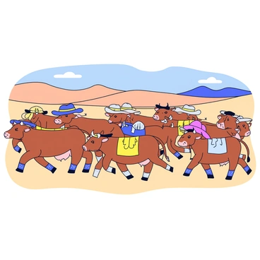 A group of cartoon cows wearing colorful cowboy hats in various styles, including a wide-brimmed hat and a sombrero. Each cow is also wearing distinct cowboy boots with different patterns. The cows are positioned in a dusty wild west landscape, surrounded by a herd of animated cattle. Some of the cows are playfully guiding the cattle along a trail, while others are standing proudly, showcasing their outfits. In the background, there are rolling hills and a bright blue sky.