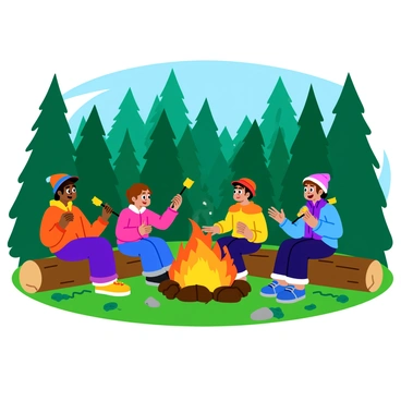 A group of four children sitting on logs around a crackling campfire in a dense, green forest. The flames of the fire are bright orange and yellow, casting a warm glow on the children's faces. Two of the kids are holding long skewers with golden-brown marshmallows roasting over the fire. The other two are leaning in, captivated as one child gestures animatedly while telling a story. The children are dressed in colorful jackets and hats, and the ground is scattered with pine needles and small rocks. In the background, tall trees stretch upwards, their leaves a vibrant green, completing the cozy scene.